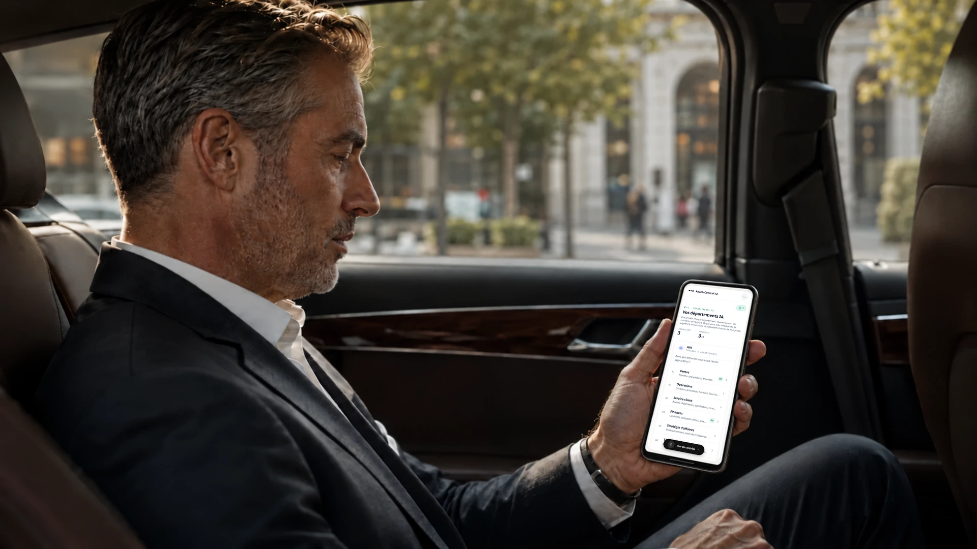 Un entrepreneur à l'arrière d'une voiture consulte le répertoire des départements IA de Reach Central AI sur son téléphone.